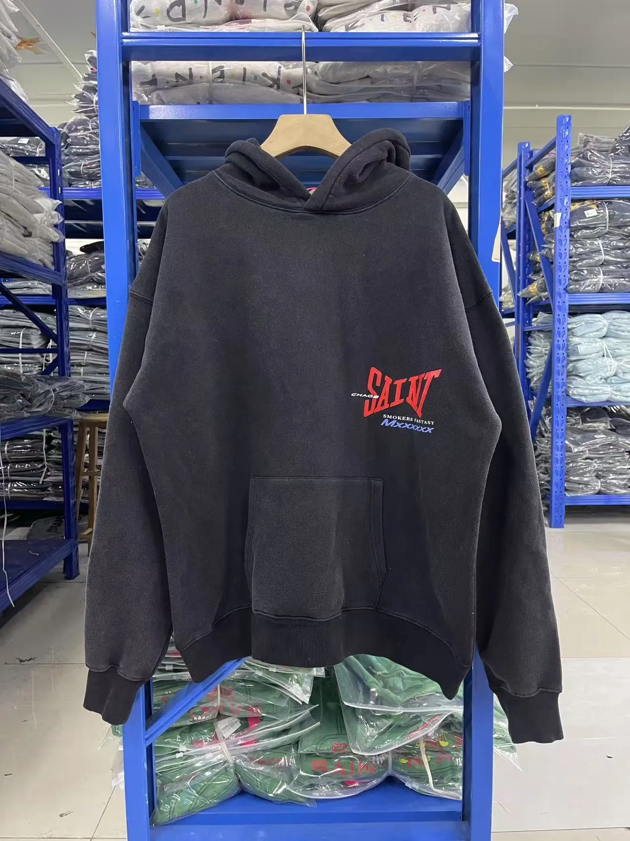 In stock ST1021 style washed black P260 Saint Michael 25SS "SMOKERS FANTASY" letter print washed distressed hoodie sweatshirt size S-M-L-XL